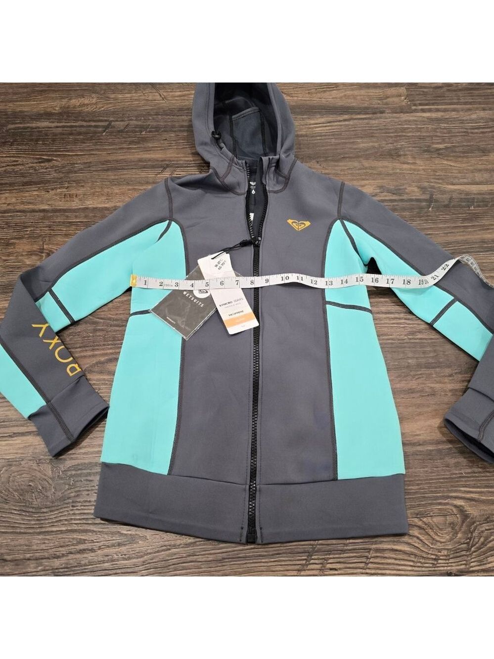 Roxy Syncro Neoprene Jacket Wetsuit Top Womens 6 Gray Teal Hooded Zip - Picture 12 of 14